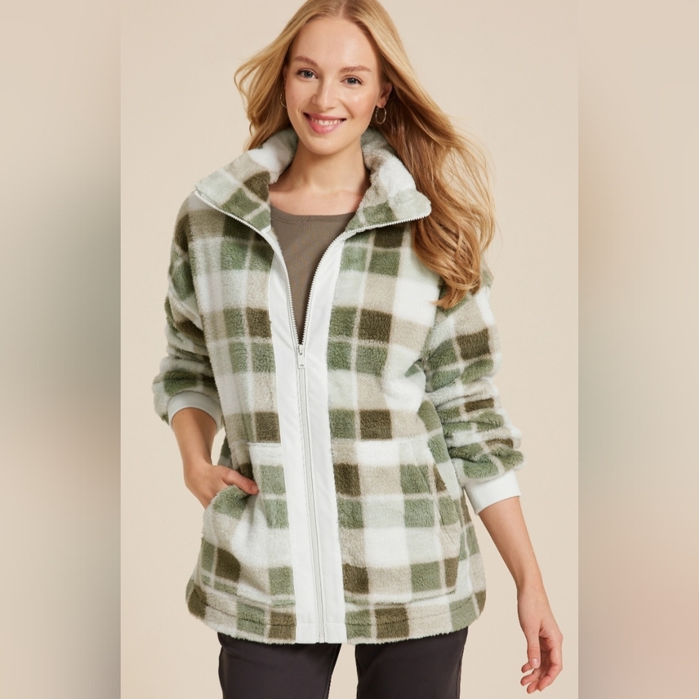 Maurices Green and White Plaid Teddy Jacket